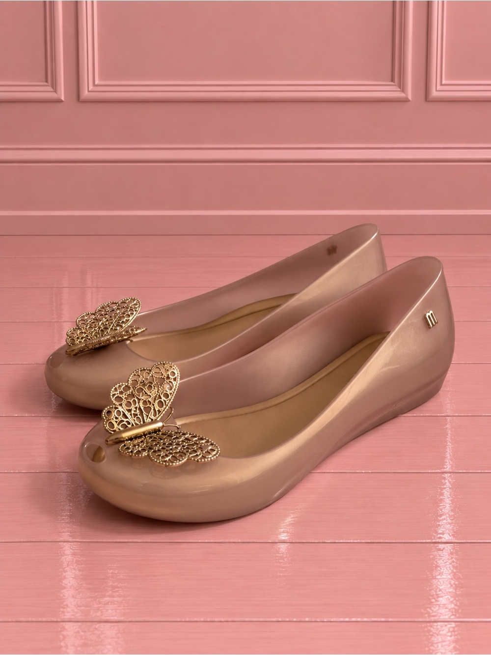 Melissa x Disney Cinderella Metallic Rose Gold Ballet Flats with Butterfly